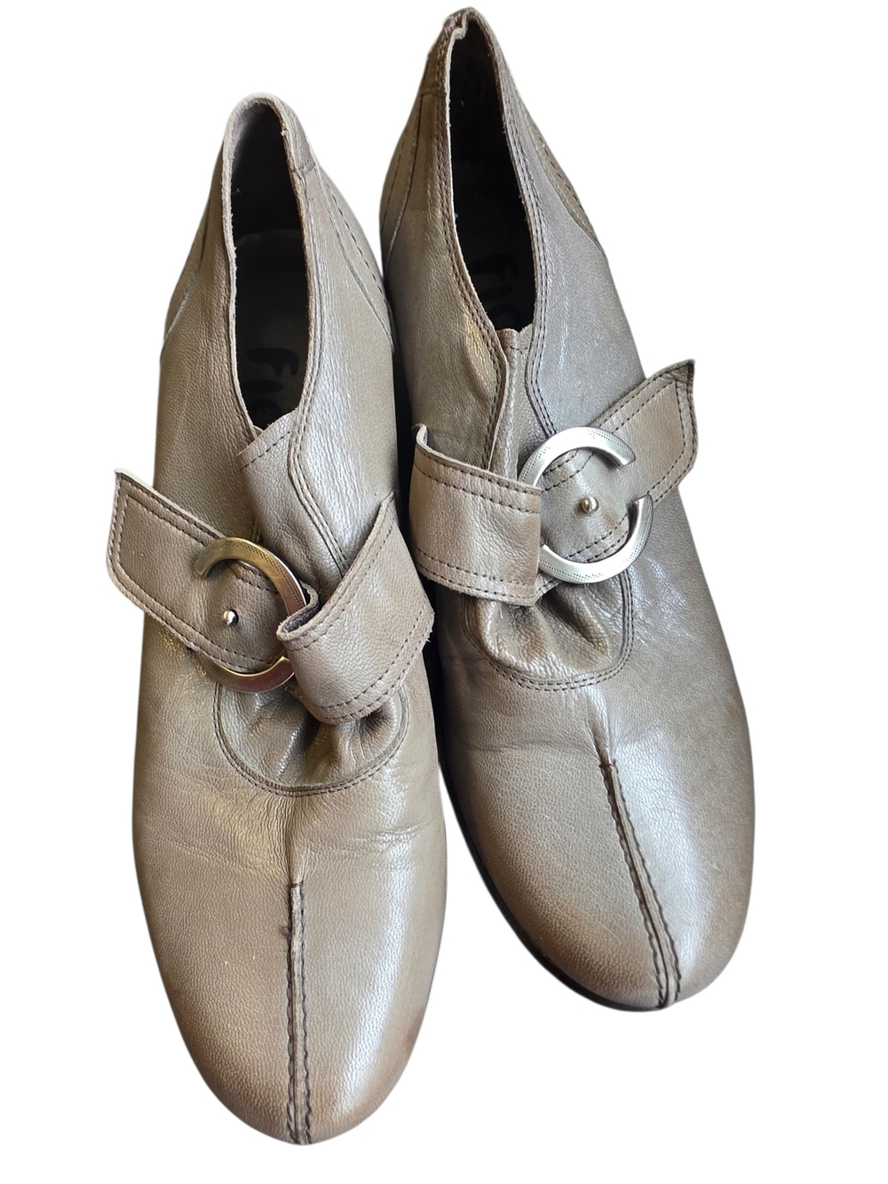 Women's Taupe Leather Slip-On Loafers with Round Buckle Accent
